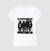 camiseta branca feminina com estampa de quatro gatos usando óculos escuros e jaquetas de couro, com a palavra "CATMOVIES" em destaque.