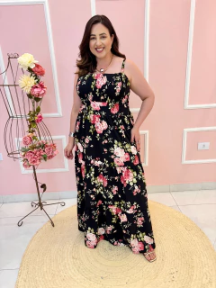 Vestido Camila Estampado Crepe Alça e Busto com Bojo e Detalhe Plissado Plus Size - comprar online