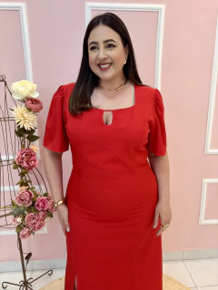 Vestido Clarice Gabardine com Recortes Manga Princesa Fenda Frontal Plus Size - comprar online