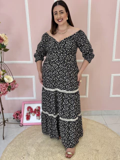 Vestido Leila Plus Size Floral Liberty Nó no Decote com Guipir - comprar online