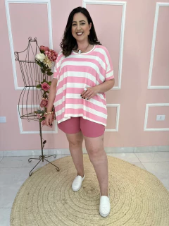 Blusa Ariela Viscolycra Ampla Manga Curta Listrada Plus Size