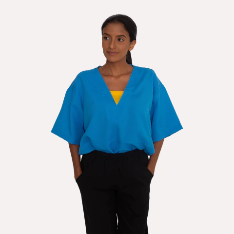 Jaleco Fechado Brim Azul com detalhe Amarelo