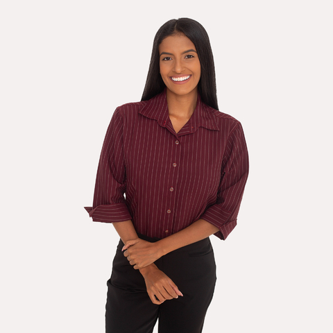 Camisa Social Feminina Manga 3/4 Risca de Giz Vinho Oxford