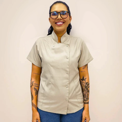 Dólmã Bege Manga Curta Feminina Brim - comprar online