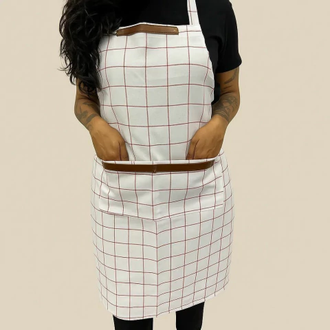 Avental Quadriculado Com Detalhe de Couro e Tiras Cruzadas Nas Costas