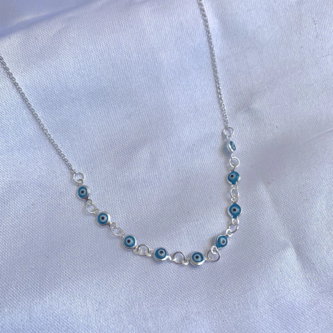 Choker nove olho grego azul claro Prata925