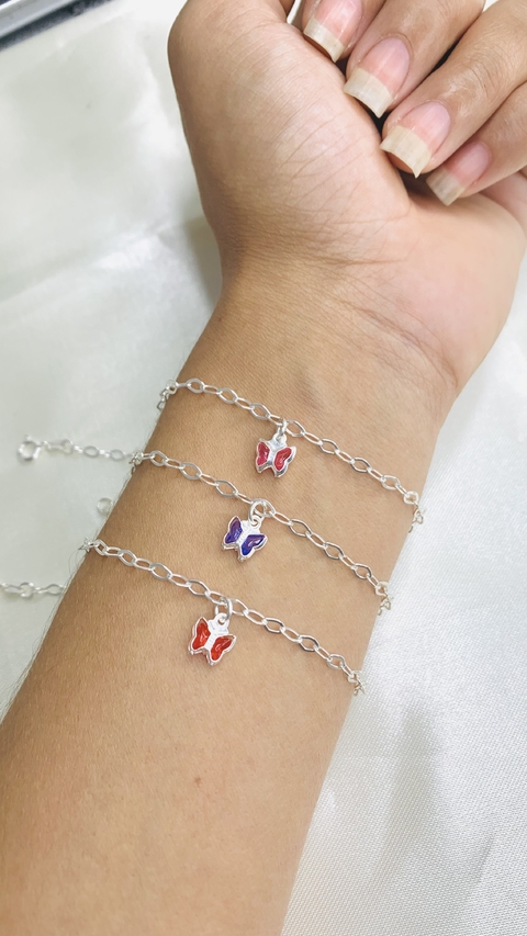 Pulseira de Prata Borboleta coloridas pendente