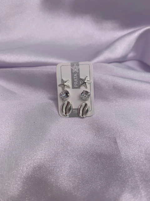 Brinco trio estrela riscado zircônia e búzios riscado prata 925