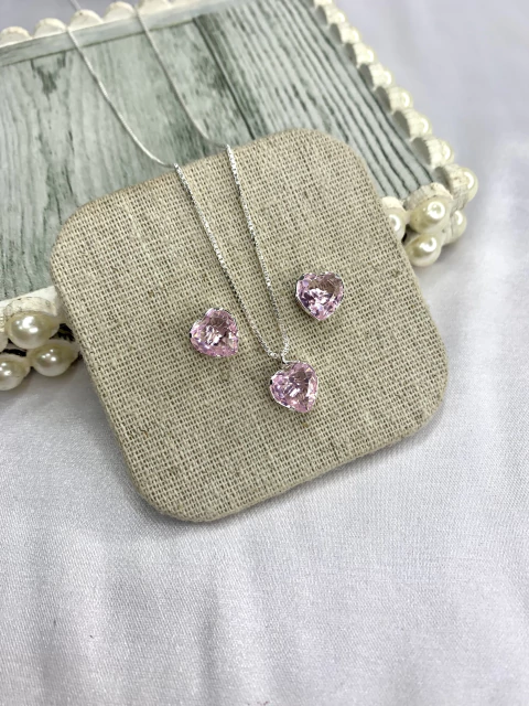 Conjunto brinco e pingente coração rosa claro prata 925