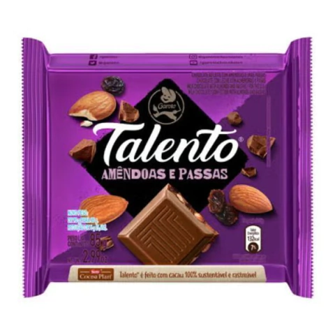 CHOCOLATE GAROTO 85G TALENTO AMÊNDOAS E PASSAS
