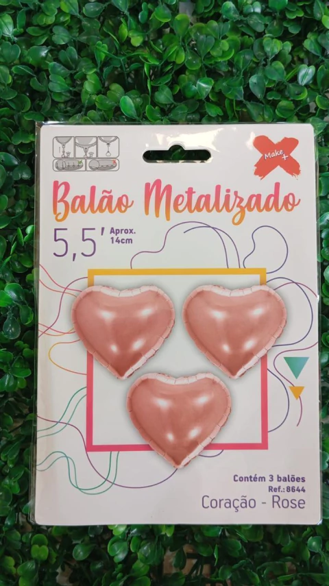 BALAO METALIZADO MAKE+ 5,5" C/3 CORAÇÃO ROSE GOLD