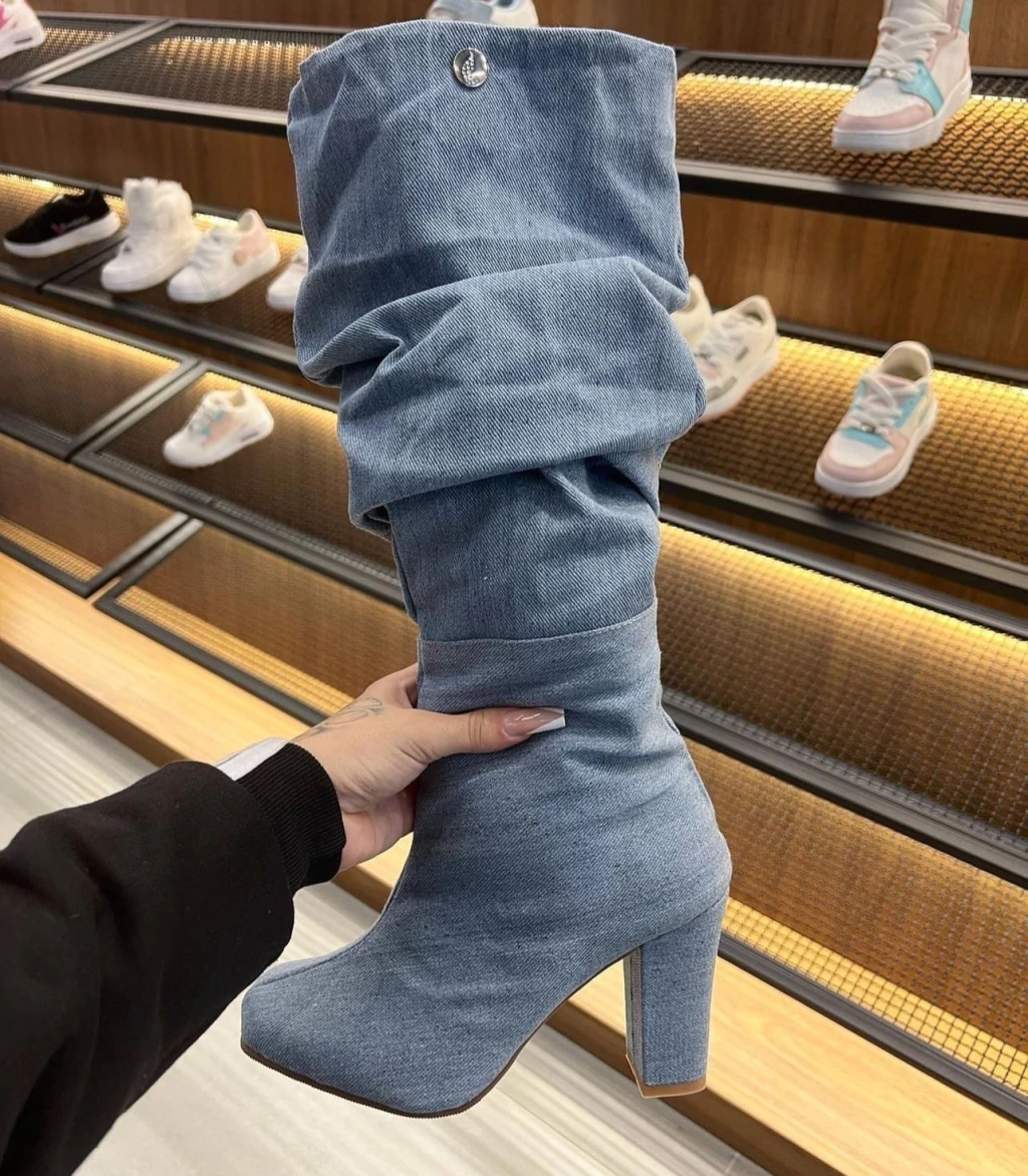 Bota slouchy salto jeans