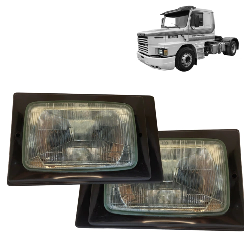 Par Farol Principal Dianteiro Compatível Scania 112 113 142 143 R T Frontal Bicudo Todos - Bloco Vidro e Com Moldura