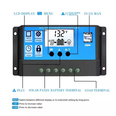 Controlador de cargador solar 10A, regulador de panel solar USB LCD dual, LL2305-16