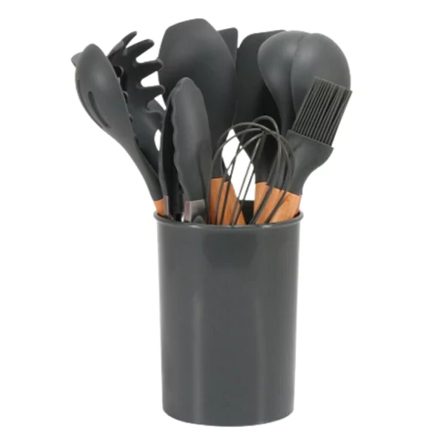 Set de utensilios 12 piezas grises para cocina con mango de madera