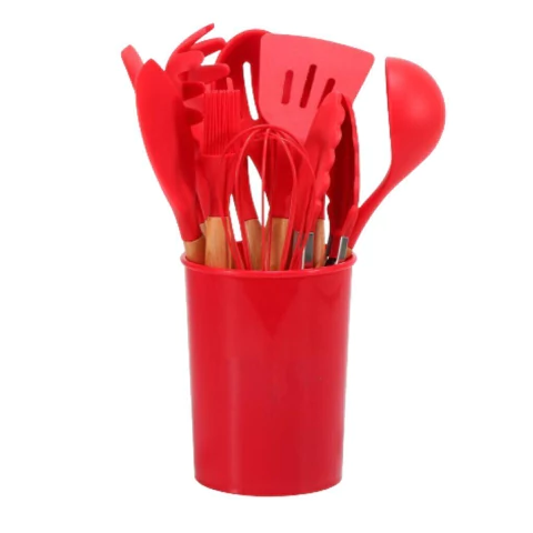 Set de utensilios 12 piezas grises para cocina con mango de madera - tienda online