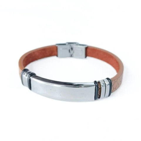 PULSERA CAUCHO MARRON TRAMADO 22 CM ACERO QUIRURGICO (P5485)