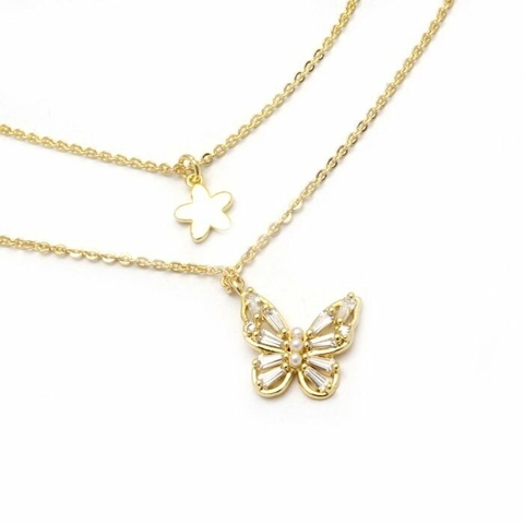 CADENA MARIPOSA CON CUBIC Y FLOR 40 A 45 CM ACERO DORADO (C29941)