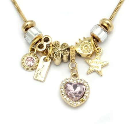CONJUNTO CORAZON CUBIC ROSA CON CHARMS 45 A 50 CM ACERO DORADO (C28670A)