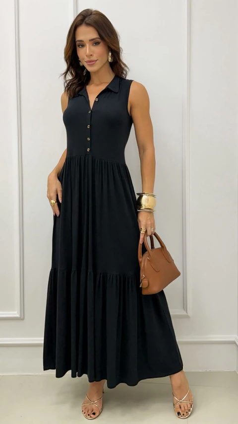 Vestido Preto Regata Liso Duas Marias Gola Polo Com Botões Longo