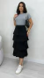 Conjunto: Blusa Cinza Manga Dobrada Básica Feminina + Saia Preta Plissada Feminina Babados Elástico Na Cintura E Forro