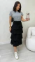 Conjunto: Blusa Cinza Manga Dobrada Básica Feminina + Saia Preta Plissada Feminina Babados Elástico Na Cintura E Forro