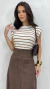 Conjunto: Blusa Muscle Tee Caramelo Listrada Feminina + Saia Marrom Feminina Em Suede Midi - loja online