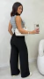 Conjunto: Regata Cinza Listrada Feminina Canelada + Calça Pantalona Preta Feminina Em Crepe Com Bolsos Laterais na internet