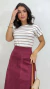 Conjunto: Blusa Nude Feminina Listras Básica + Saia Cherry Feminina Midi Em Suede