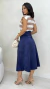 Conjunto: Blusa Nude Listrada Feminina Básica Em Algodão Muscle Tee T-Shirt + Saia Azul Marinho Feminina Midi Em Suede
