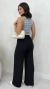 Conjunto: Regata Cinza Listrada Feminina Canelada + Calça Pantalona Preta Feminina Em Crepe Com Bolsos Laterais - Spetaccolo Store