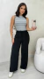Imagem do Conjunto: Regata Cinza Listrada Feminina Canelada + Calça Pantalona Preta Feminina Em Crepe Com Bolsos Laterais