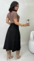 Conjunto: Blusa Básica Feminina Gola Alta Em Algodão Manga Curta + Saia Preta Feminina Midi Em Suede - Spetaccolo Store