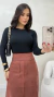 Conjunto: Blusa Preta Feminina Básica Manga Longa Em Algodão Gola Redonda + Saia Marrom Feminina Em Suede Midi - Spetaccolo Store