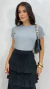 Conjunto: Blusa Cinza Manga Dobrada Básica Feminina + Saia Preta Plissada Feminina Babados Elástico Na Cintura E Forro - loja online