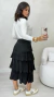 Conjunto: Blusa Branca Feminina Básica Manga Longa Em Algodão Gola Redonda + Saia Preta Plissada Feminina Babados - loja online
