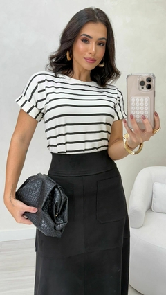 Blusa Feminina Em Algodão Básica Listras Confortável Manga Dobrada - comprar online