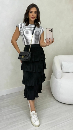 Saia Preta Plissada Feminina Babados Elástico Na Cintura E Forro - comprar online