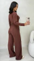 Conjunto Marrom Feminino Blusa Manga Longa Gola Redonda + Calça Pantalona Com Elástico E Bolsos - comprar online