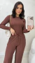 Conjunto Marrom Feminino Blusa Manga Longa Gola Redonda + Calça Pantalona Com Elástico E Bolsos