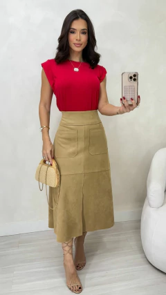 Saia Caqui Feminina Midi Em Suede Com Fenda E Ziper Frontal - comprar online