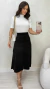 Conjunto: Blusa Gola Alta Off White Feminina Básica + Saia Preta Feminina Midi Em Suede Com Fenda E Ziper Frontal - comprar online