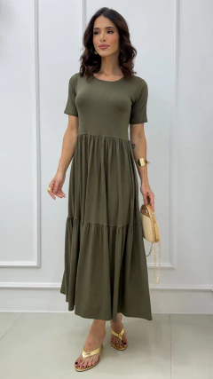 Vestido Verde Musgo Feminino Duas Marias Midi Com Manga Curta - comprar online