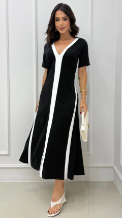 Vestido Midi Bicolor Feminino Em Moletinho Com Manga Decote V - comprar online