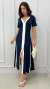 Vestido Azul Marinho Midi Bicolor Feminino Em Moletinho Com Manga Decote V - comprar online