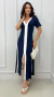 Vestido Azul Marinho Midi Bicolor Feminino Em Moletinho Com Manga Decote V - Spetaccolo Store