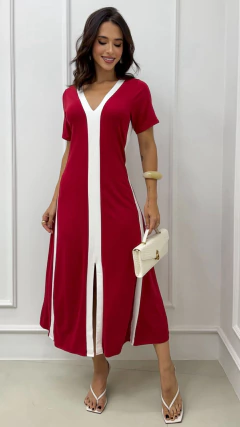 Vestido Vermelho Midi Bicolor Feminino Em Moletinho Com Manga Decote V - comprar online