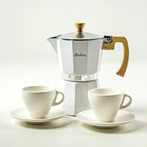 Set Cafetera Italiana + 2 Pocillos Cerámica Con 2 Platos - comprar online