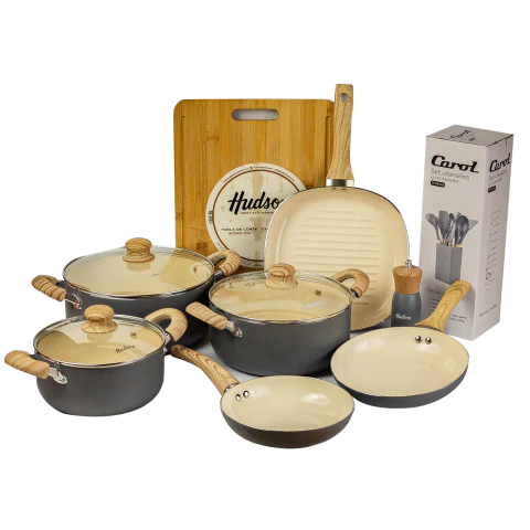 Set Cocina 23 Piezas Cacerolas + Sartenes + Bifera + Molinillo +Tabla + Juego de utensillos + Jarro Hervidor - comprar online