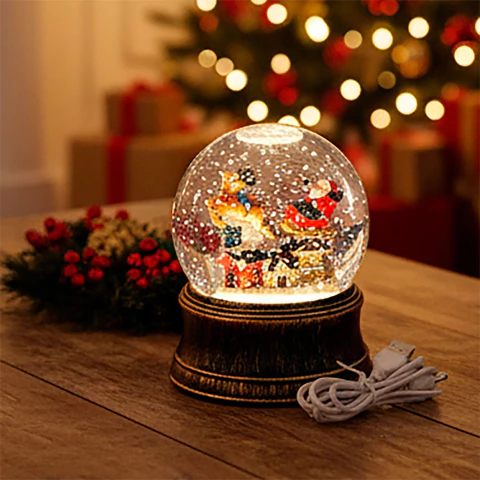 Adorno Bola De Nieve Con Luz Y Musica PapÁ Noel Trineo Renos - comprar online